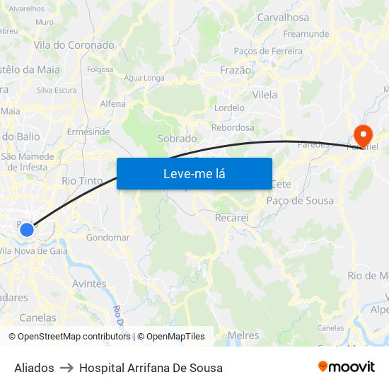 Aliados to Hospital Arrifana De Sousa map