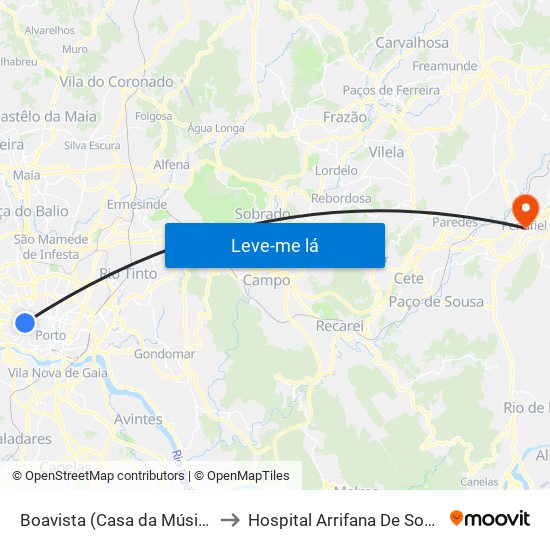 Boavista (Casa da Música) to Hospital Arrifana De Sousa map