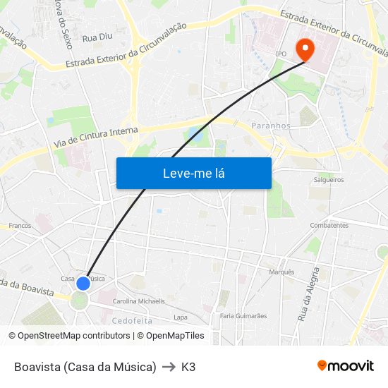 Boavista (Casa da Música) to K3 map