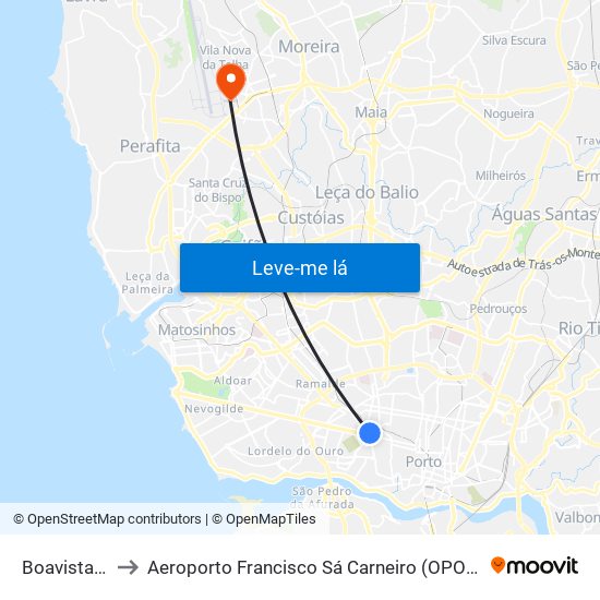 Boavista (Correios) to Aeroporto Francisco Sá Carneiro (OPO) (Aeroporto Francisco Sá Carneiro) map