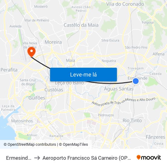 Ermesinde (Estação) to Aeroporto Francisco Sá Carneiro (OPO) (Aeroporto Francisco Sá Carneiro) map