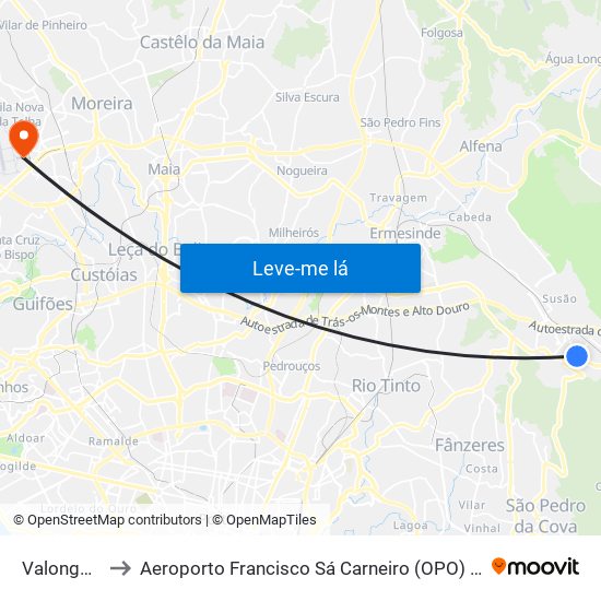 Valongo (Centro) to Aeroporto Francisco Sá Carneiro (OPO) (Aeroporto Francisco Sá Carneiro) map