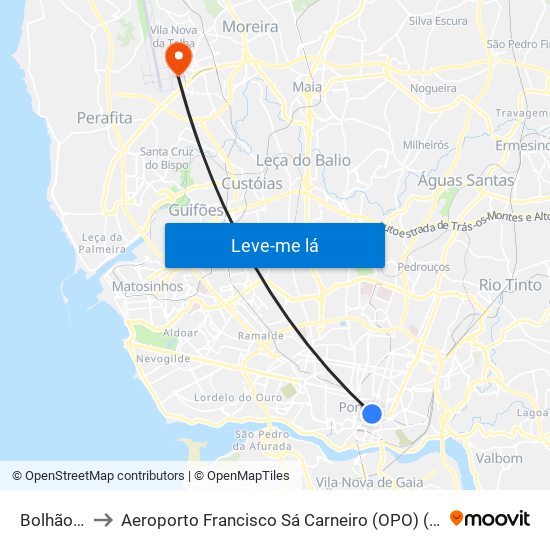 Bolhão (Metro) to Aeroporto Francisco Sá Carneiro (OPO) (Aeroporto Francisco Sá Carneiro) map