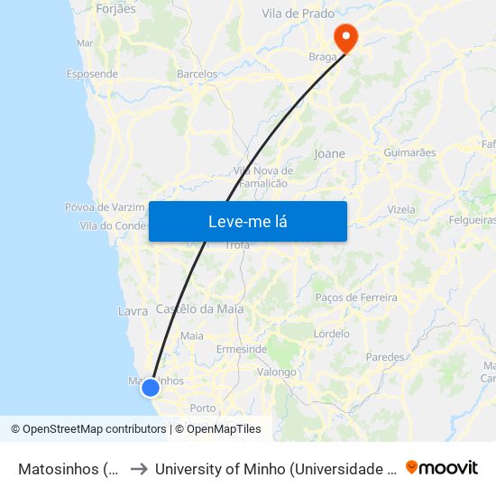 Matosinhos (Praia) to University of Minho (Universidade do Minho) map