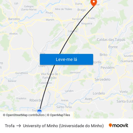 Trofa to University of Minho (Universidade do Minho) map