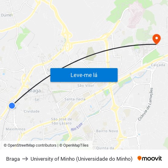 Braga to University of Minho (Universidade do Minho) map