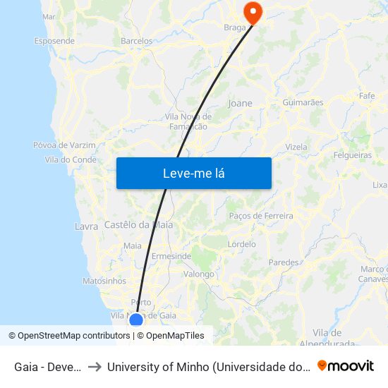 Gaia - Devesas to University of Minho (Universidade do Minho) map