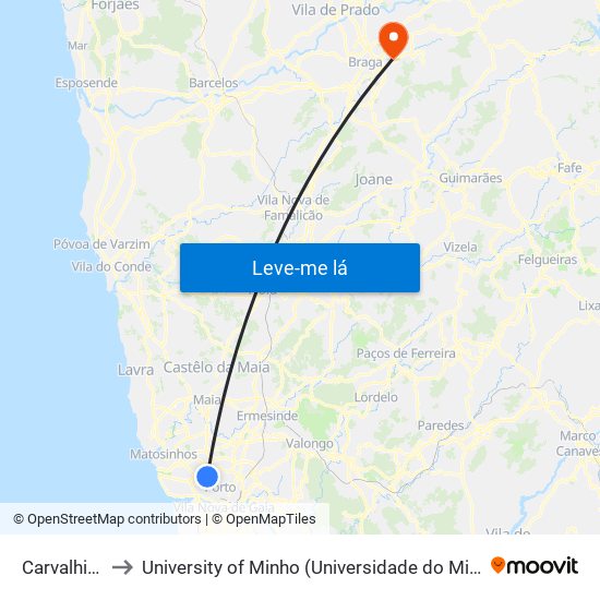 Carvalhido to University of Minho (Universidade do Minho) map