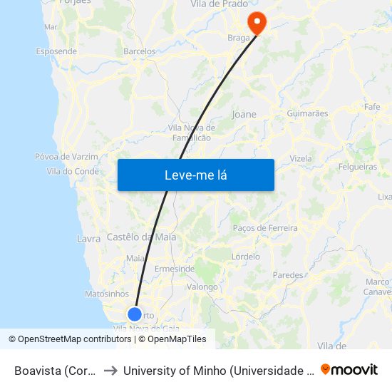 Boavista (Correios) to University of Minho (Universidade do Minho) map