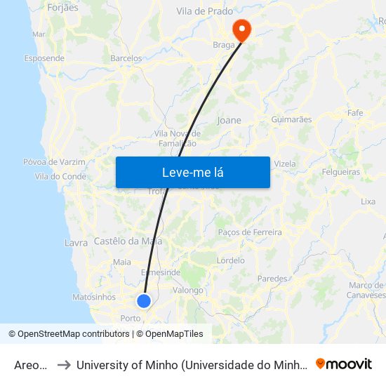 Areosa to University of Minho (Universidade do Minho) map