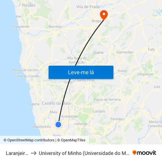 Laranjeiras to University of Minho (Universidade do Minho) map