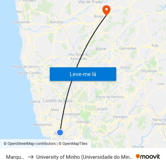 Marquês to University of Minho (Universidade do Minho) map