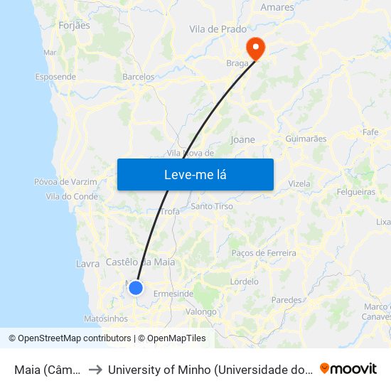 Maia (Câmara) to University of Minho (Universidade do Minho) map