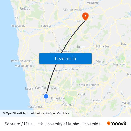 Sobreiro / Maia (Plaza) to University of Minho (Universidade do Minho) map