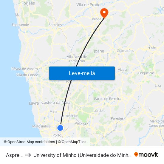 Asprela to University of Minho (Universidade do Minho) map