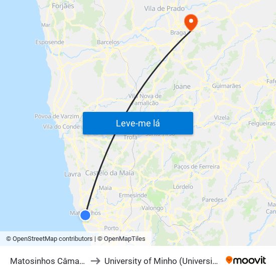 Matosinhos Câmara (Matc1) to University of Minho (Universidade do Minho) map