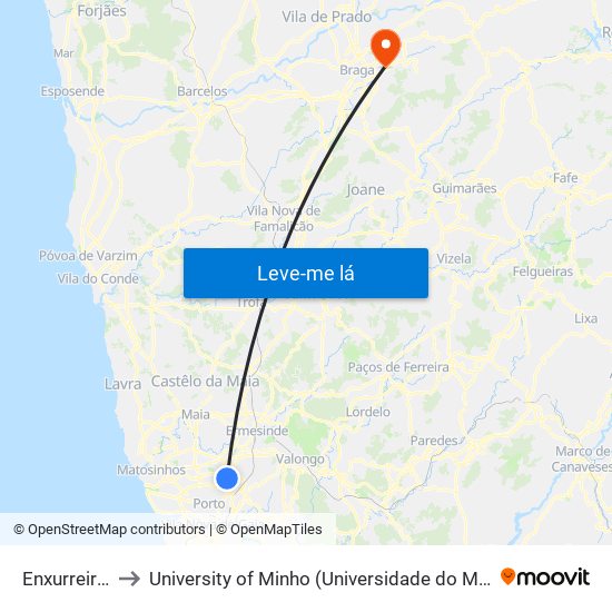 Enxurreiras to University of Minho (Universidade do Minho) map