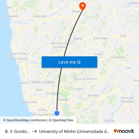 B. V. Gondomar to University of Minho (Universidade do Minho) map