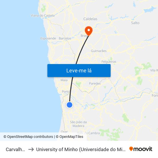 Carvalhos to University of Minho (Universidade do Minho) map