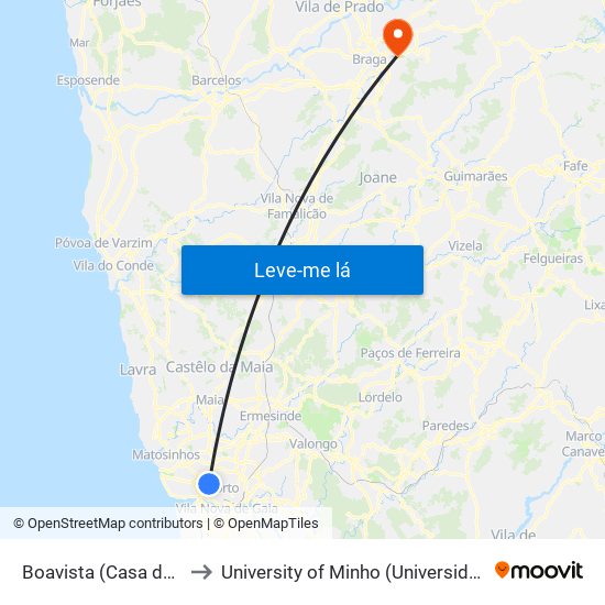Boavista (Casa da Música) to University of Minho (Universidade do Minho) map