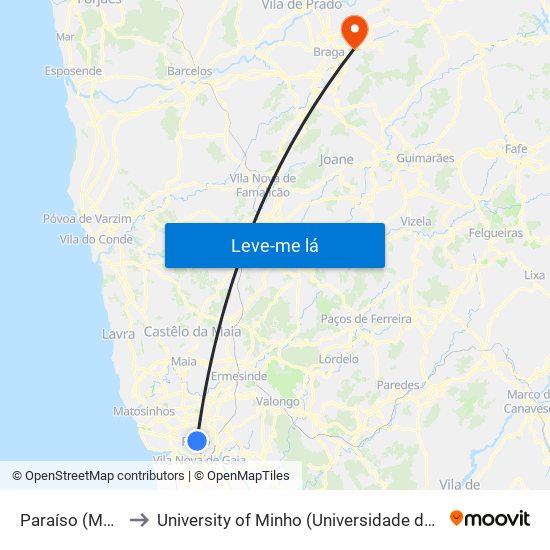 Paraíso (Metro) to University of Minho (Universidade do Minho) map