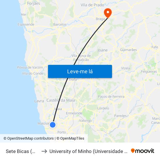 Sete Bicas (Metro) to University of Minho (Universidade do Minho) map