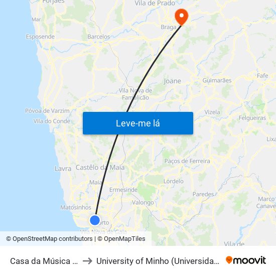 Casa da Música (Metro) to University of Minho (Universidade do Minho) map