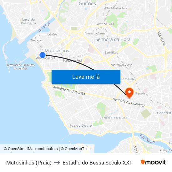Matosinhos (Praia) to Estádio do Bessa Século XXI map
