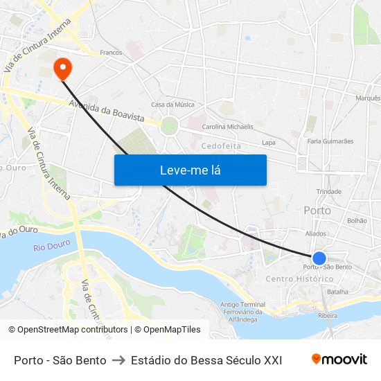 Porto - São Bento to Estádio do Bessa Século XXI map