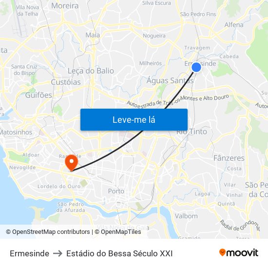 Ermesinde to Estádio do Bessa Século XXI map