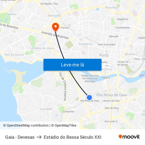 Gaia - Devesas to Estádio do Bessa Século XXI map
