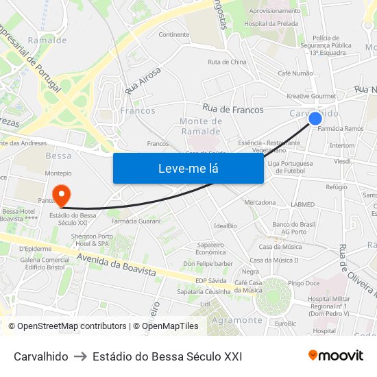 Carvalhido to Estádio do Bessa Século XXI map