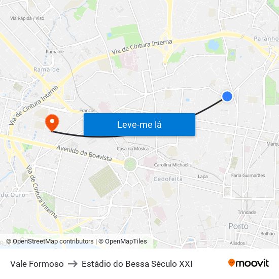 Vale Formoso to Estádio do Bessa Século XXI map