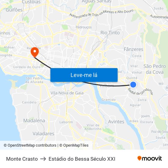 Monte Crasto to Estádio do Bessa Século XXI map