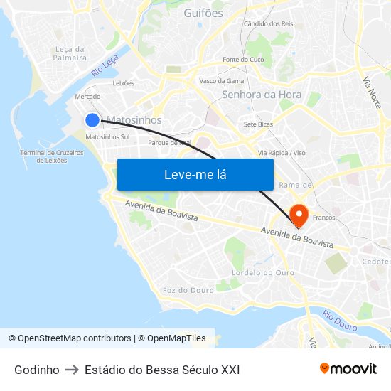 Godinho to Estádio do Bessa Século XXI map