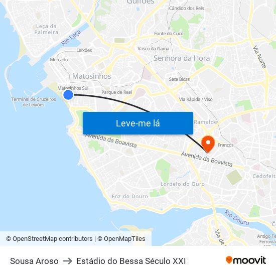 Sousa Aroso to Estádio do Bessa Século XXI map
