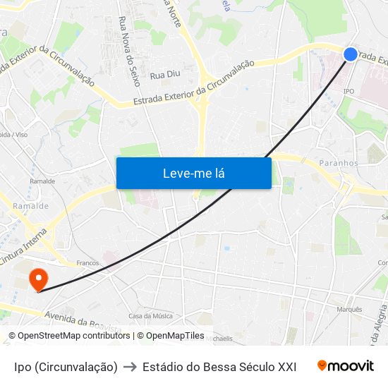 Ipo (Circunvalação) to Estádio do Bessa Século XXI map