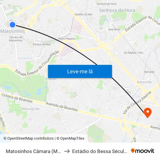 Matosinhos Câmara (Matc1) to Estádio do Bessa Século XXI map