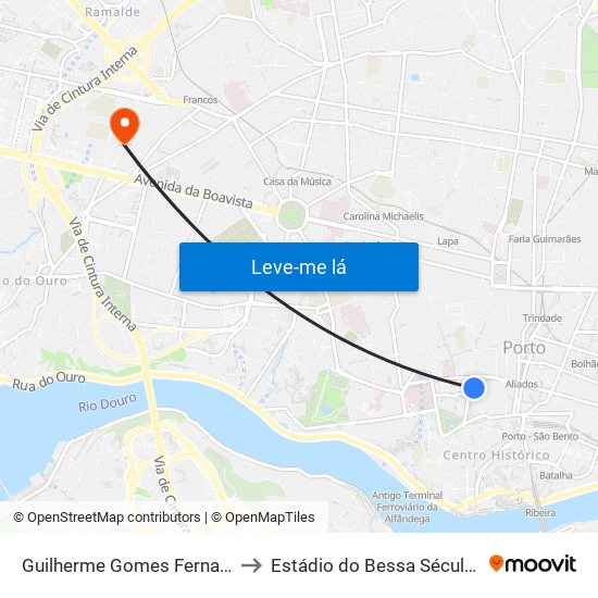 Guilherme Gomes Fernandes to Estádio do Bessa Século XXI map