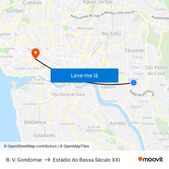 B. V. Gondomar to Estádio do Bessa Século XXI map