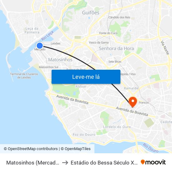 Matosinhos (Mercado) to Estádio do Bessa Século XXI map
