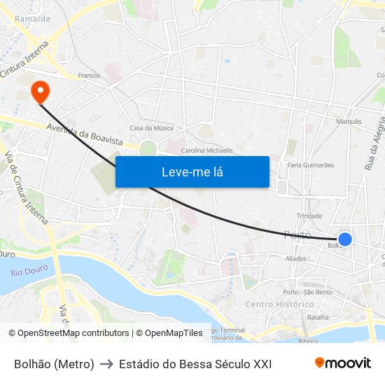 Bolhão (Metro) to Estádio do Bessa Século XXI map