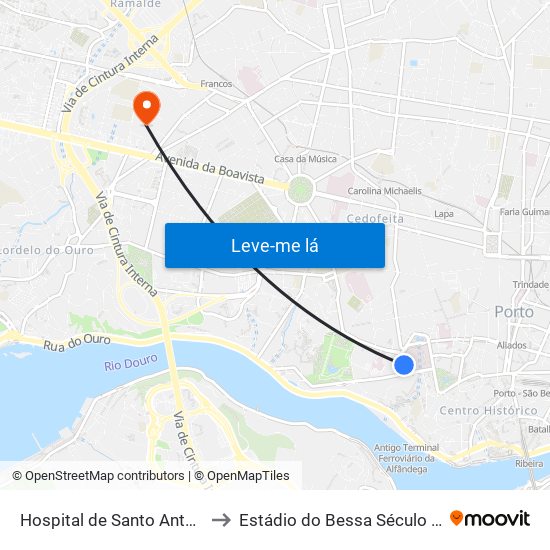 Hospital de Santo António to Estádio do Bessa Século XXI map