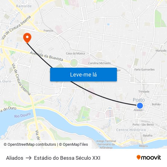 Aliados to Estádio do Bessa Século XXI map
