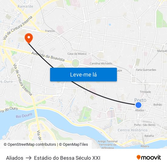 Aliados to Estádio do Bessa Século XXI map