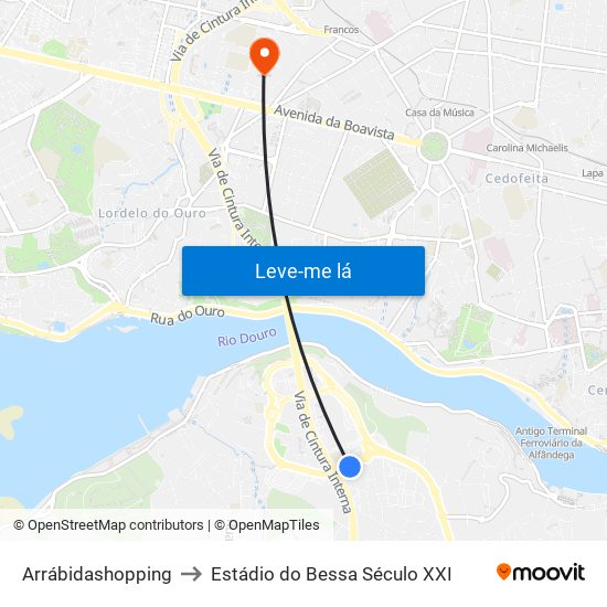 Arrábidashopping to Estádio do Bessa Século XXI map