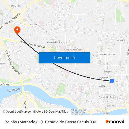 Bolhão (Mercado) to Estádio do Bessa Século XXI map