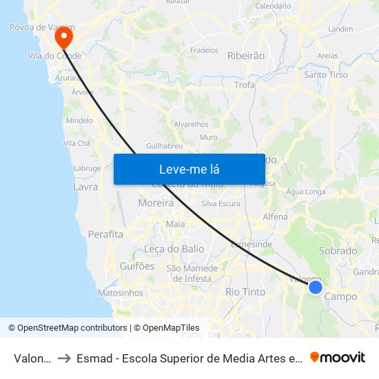 Valongo to Esmad - Escola Superior de Media Artes e Design map