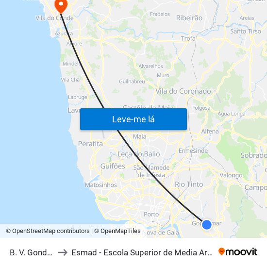 B. V. Gondomar to Esmad - Escola Superior de Media Artes e Design map