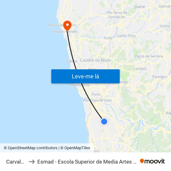 Carvalhos to Esmad - Escola Superior de Media Artes e Design map